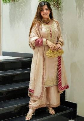 Peach Embroidery Chinon Kurta Set