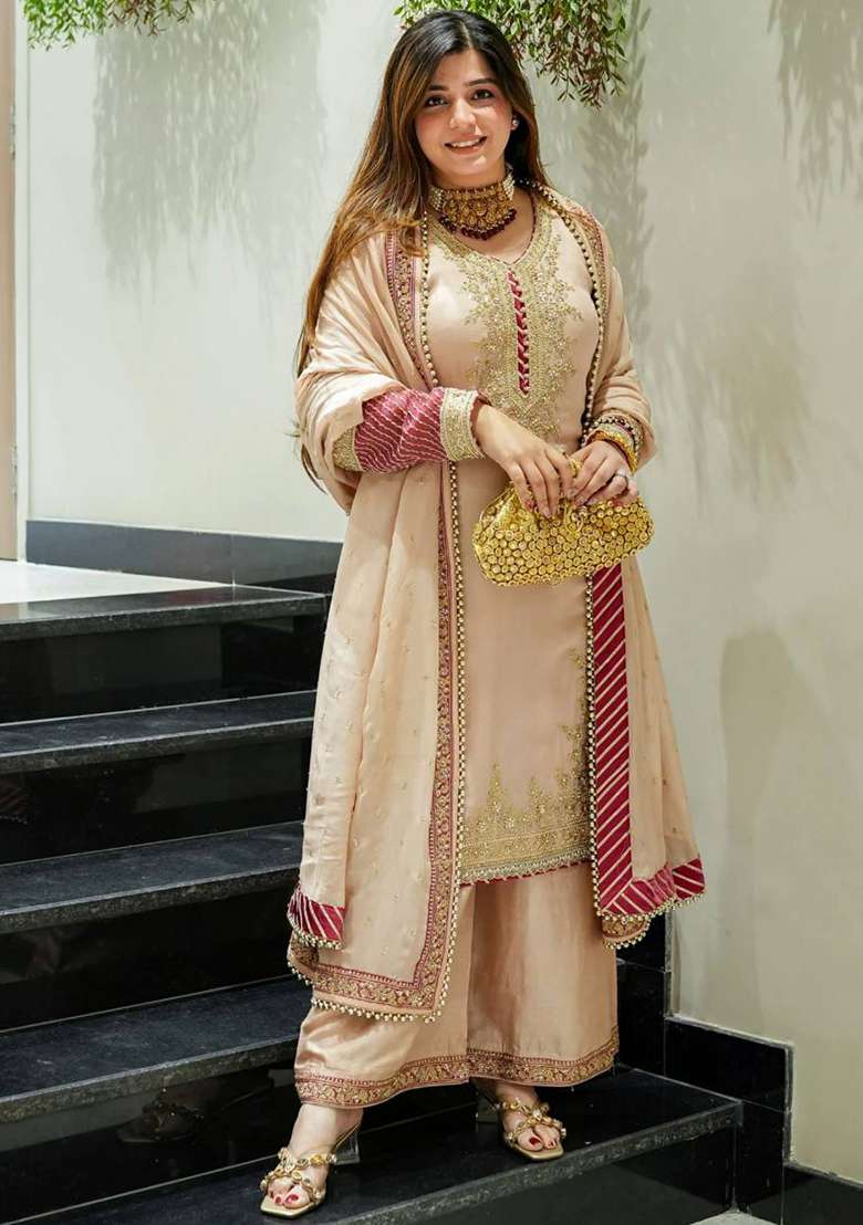 Peach Embroidery Chinon Kurta Set - Indya