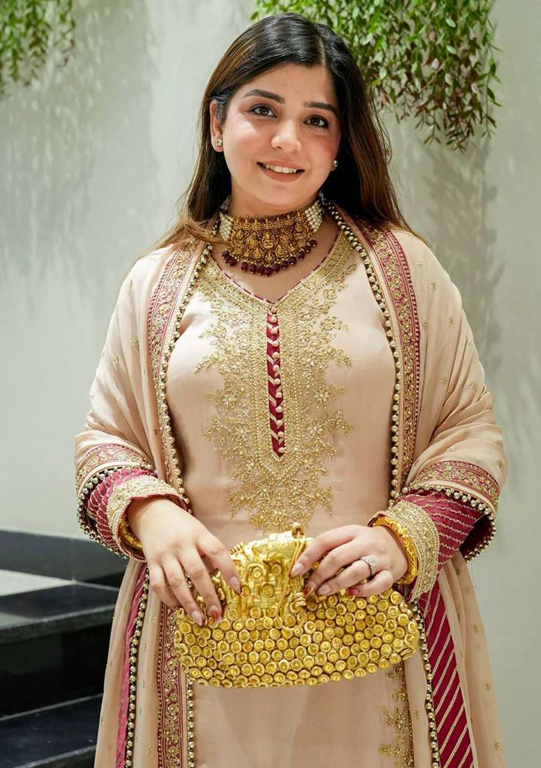 Peach Embroidery Chinon Kurta Set - Indya