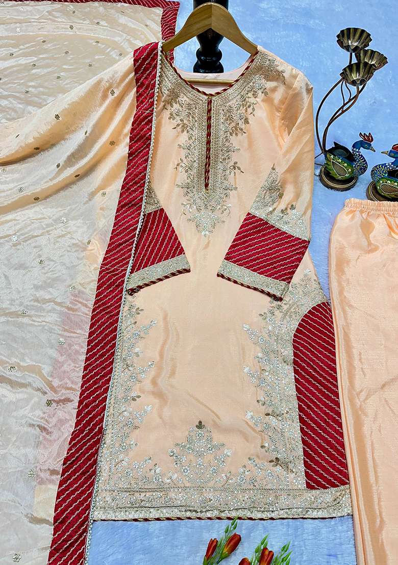 Peach Embroidery Chinon Kurta Set - Indya