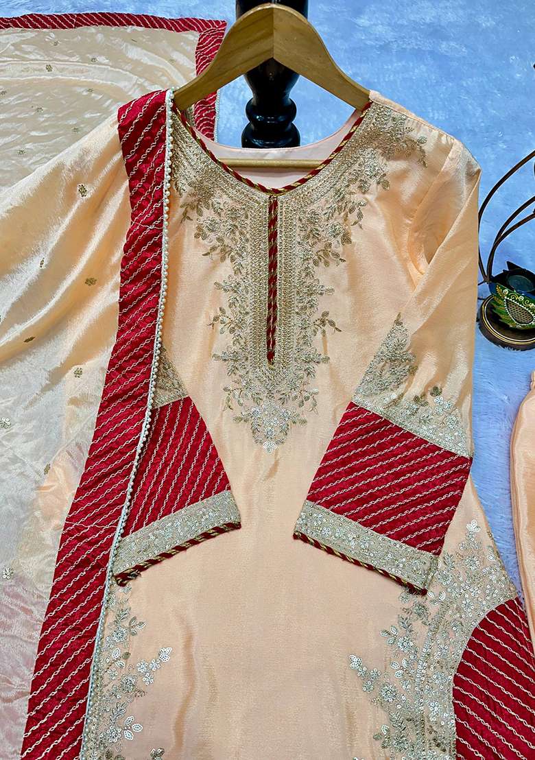 Peach Embroidery Chinon Kurta Set - Indya