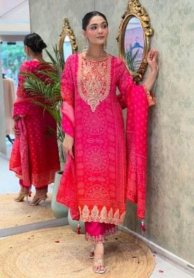 Orange Embroidery Chinon Kurta Set