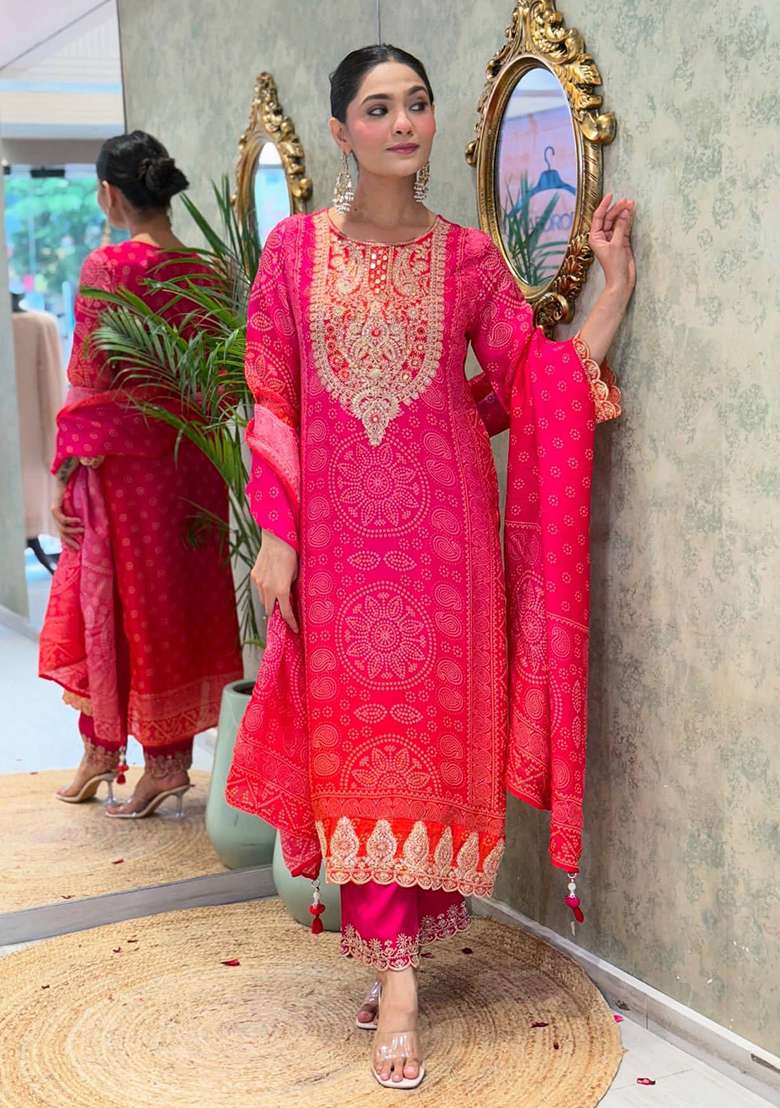 Orange Embroidery Chinon Kurta Set - Indya