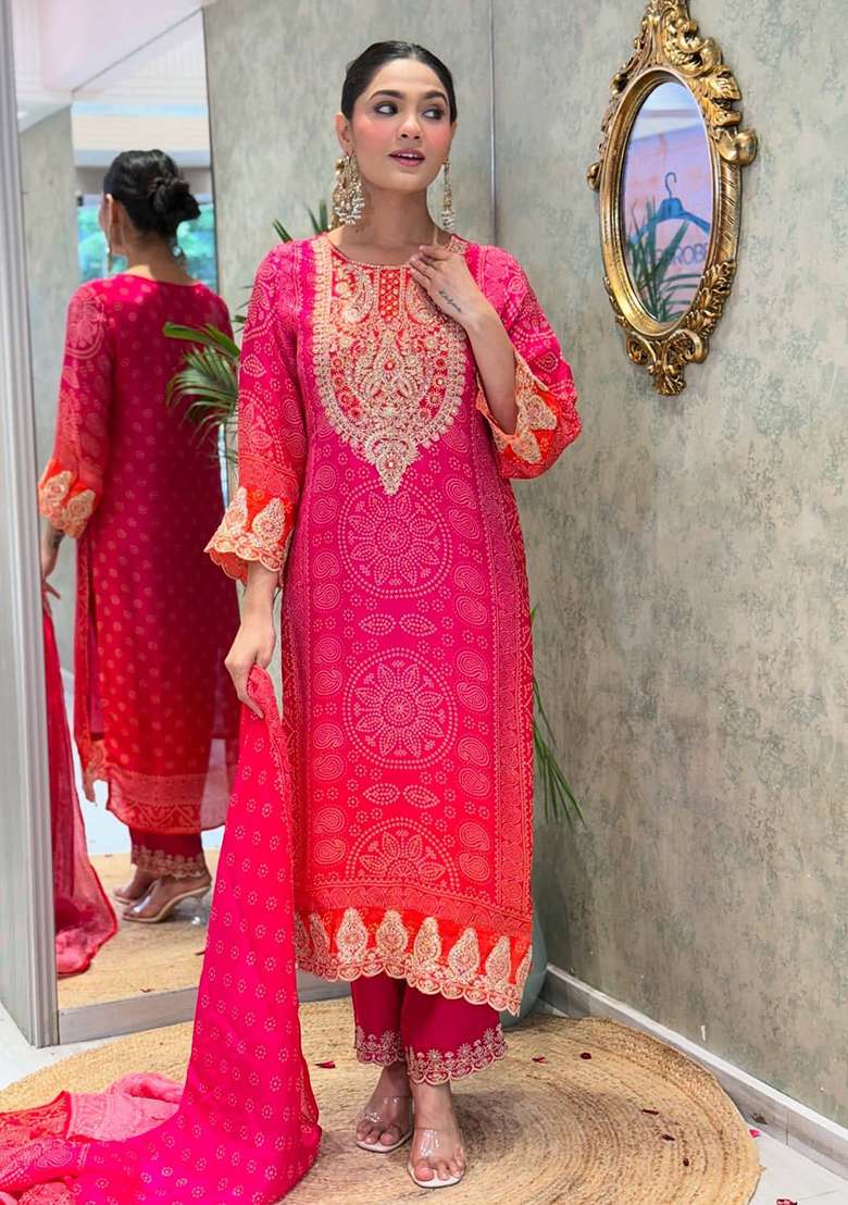 Orange Embroidery Chinon Kurta Set - Indya