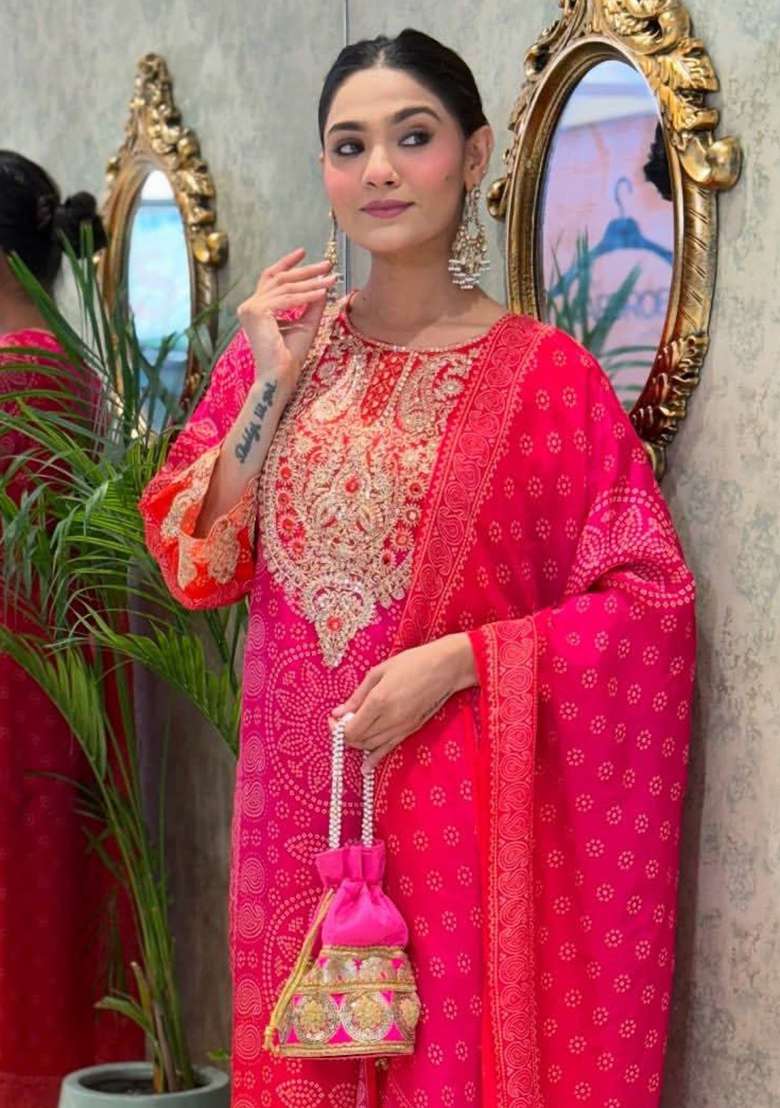 Orange Embroidery Chinon Kurta Set - Indya
