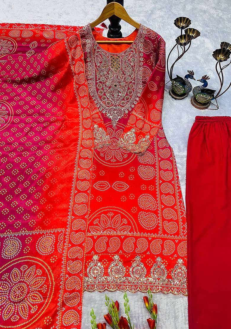 Orange Embroidery Chinon Kurta Set - Indya