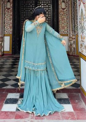 Sky Blue Embroidery Georgette Kurta Set