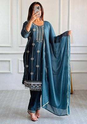 Blue Embroidery Georgette Kurta Set