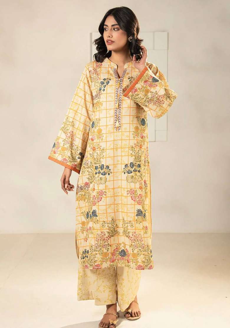 Off White Printed Crepe Kurta Set - Indya