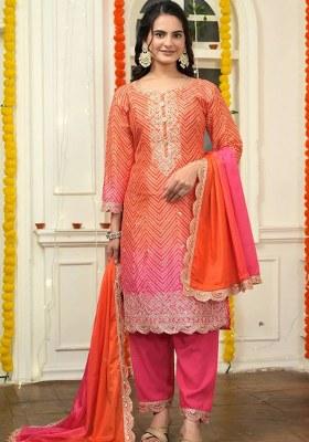 Pink Embroidery Chinon Kurta Set
