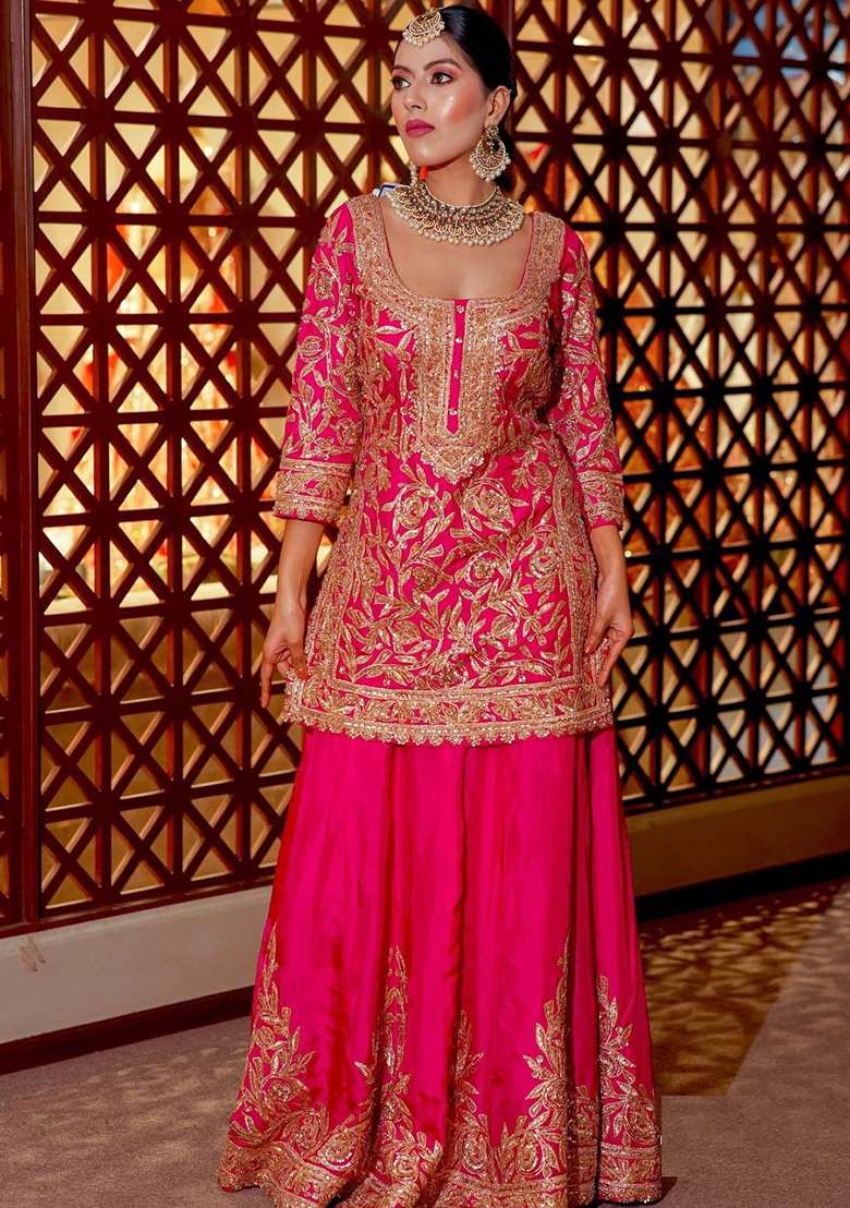 Maroon Embroidery Chinon Kurta Set - Indya