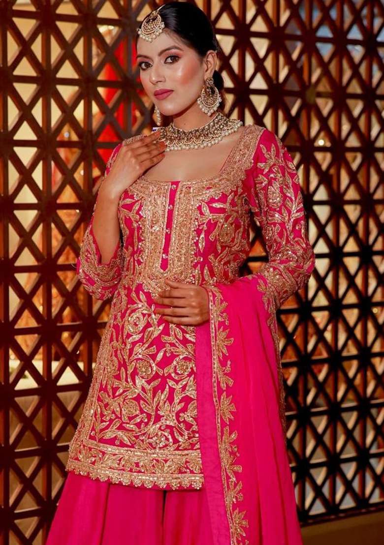 Maroon Embroidery Chinon Kurta Set - Indya