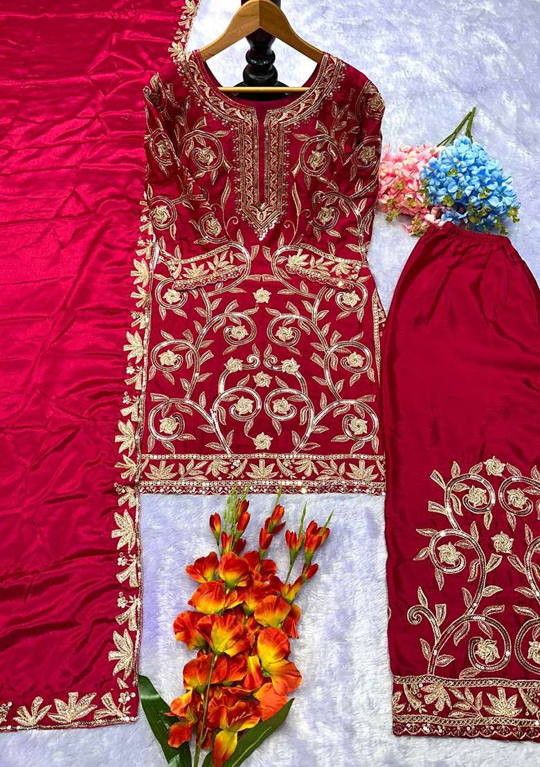 Maroon Embroidery Chinon Kurta Set - Indya