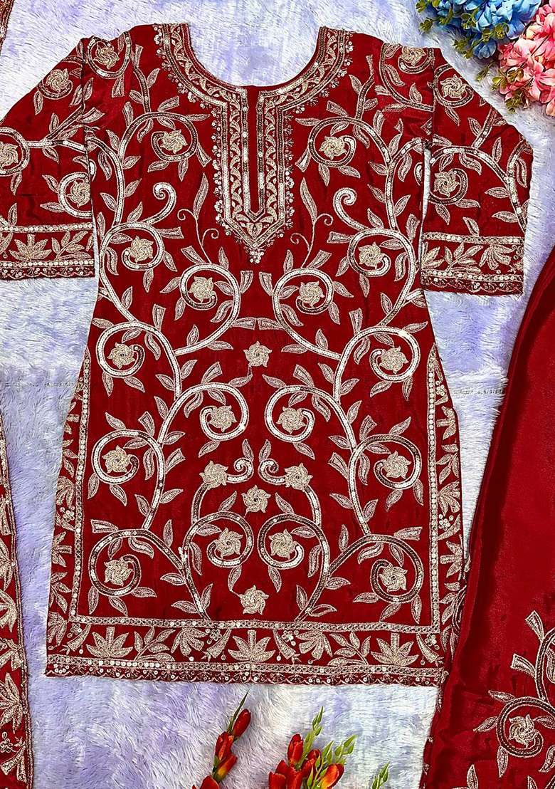 Maroon Embroidery Chinon Kurta Set - Indya