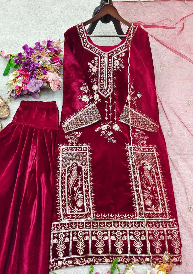 Maroon Embroidery Viscose Velvet Kurta Set - Indya