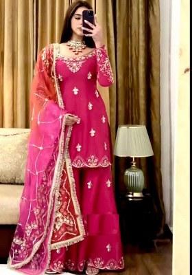 Pink Embroidery Chinon Kurta Set