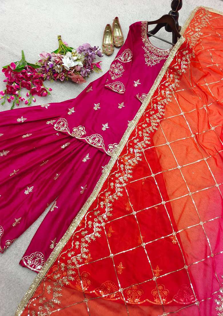 Pink Embroidery Chinon Kurta Set - Indya