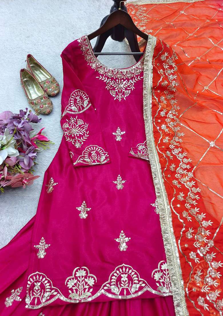 Pink Embroidery Chinon Kurta Set - Indya