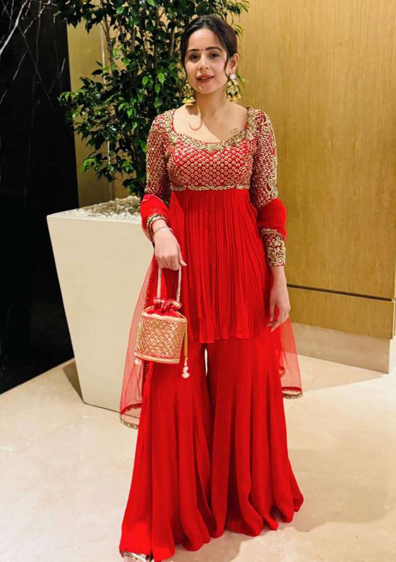 Red Embroidery Georgette Kurta Set - Indya