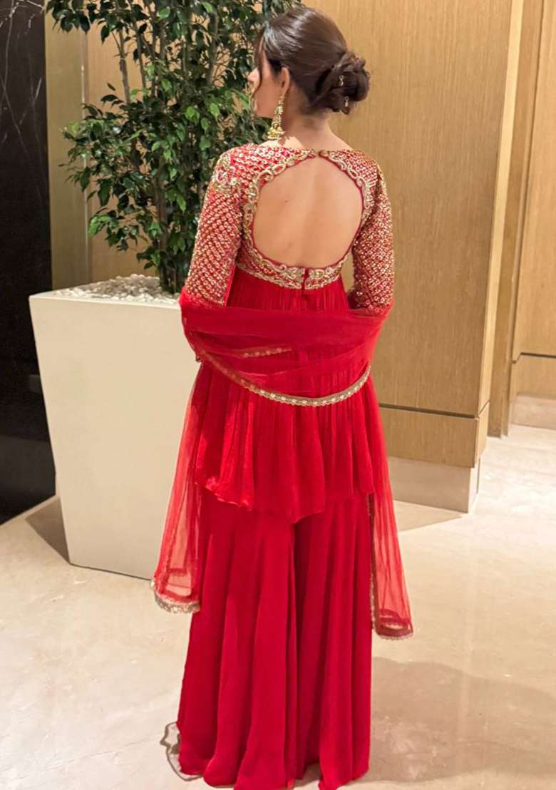 Red Embroidery Georgette Kurta Set - Indya