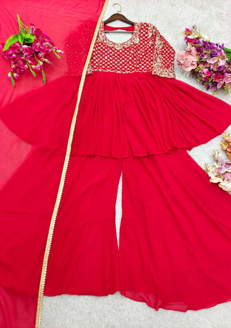 Red Embroidery Georgette Kurta Set - Indya