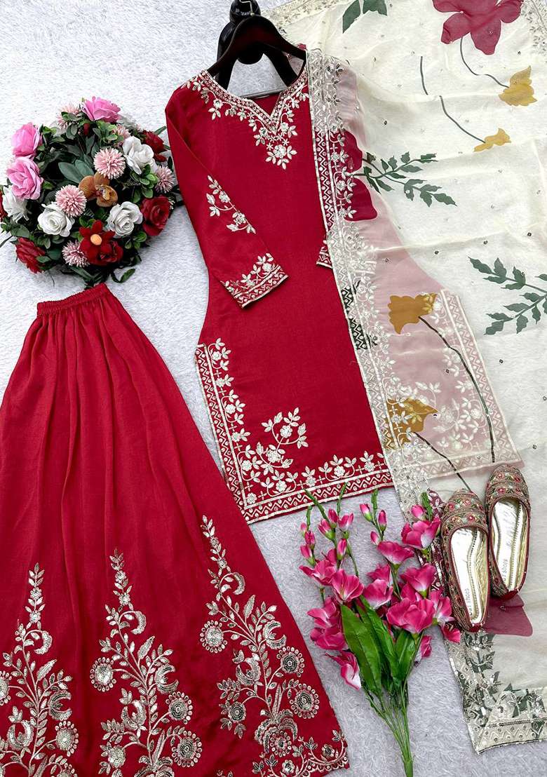 Red Embroidery Chinon Kurta Set - Indya