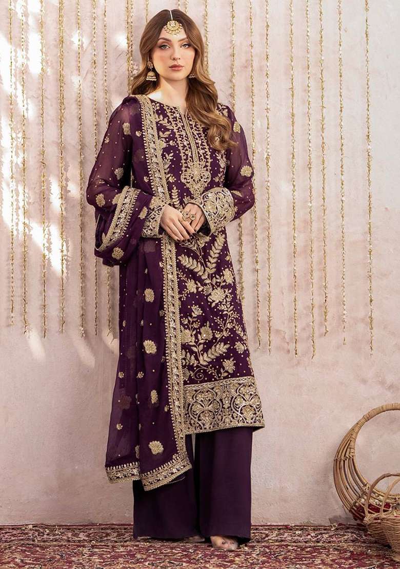 Purple Embroidery Georgette Kurta Set - Indya