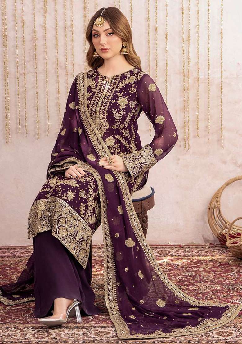 Purple Embroidery Georgette Kurta Set - Indya