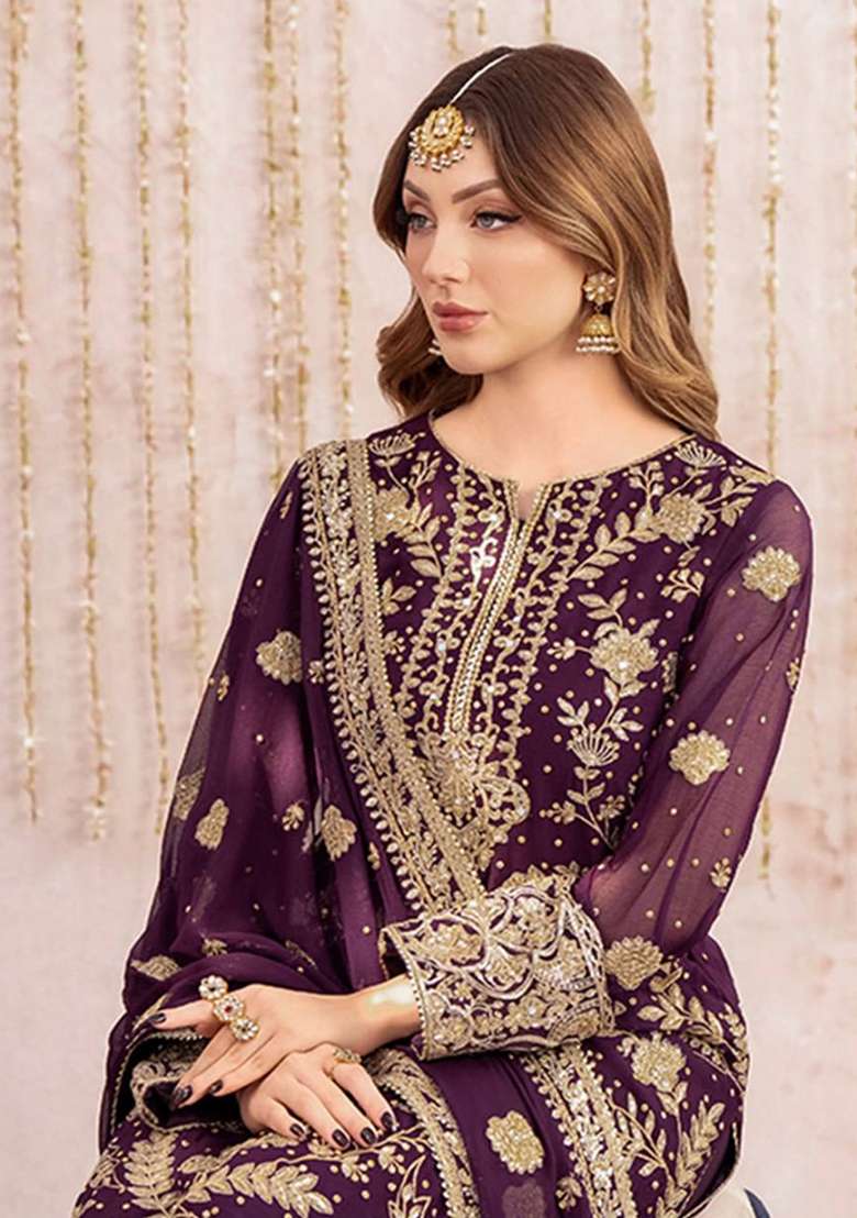 Purple Embroidery Georgette Kurta Set - Indya