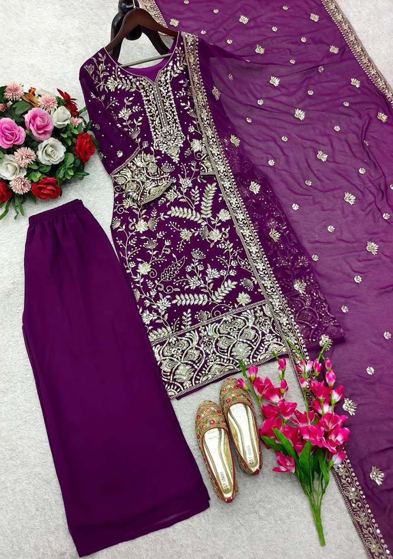 Purple Embroidery Georgette Kurta Set - Indya