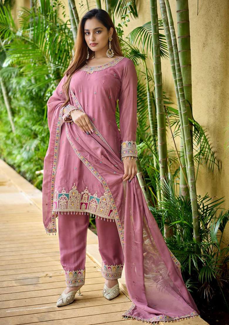 Pink Embroidery Silk Kurta Set - Indya