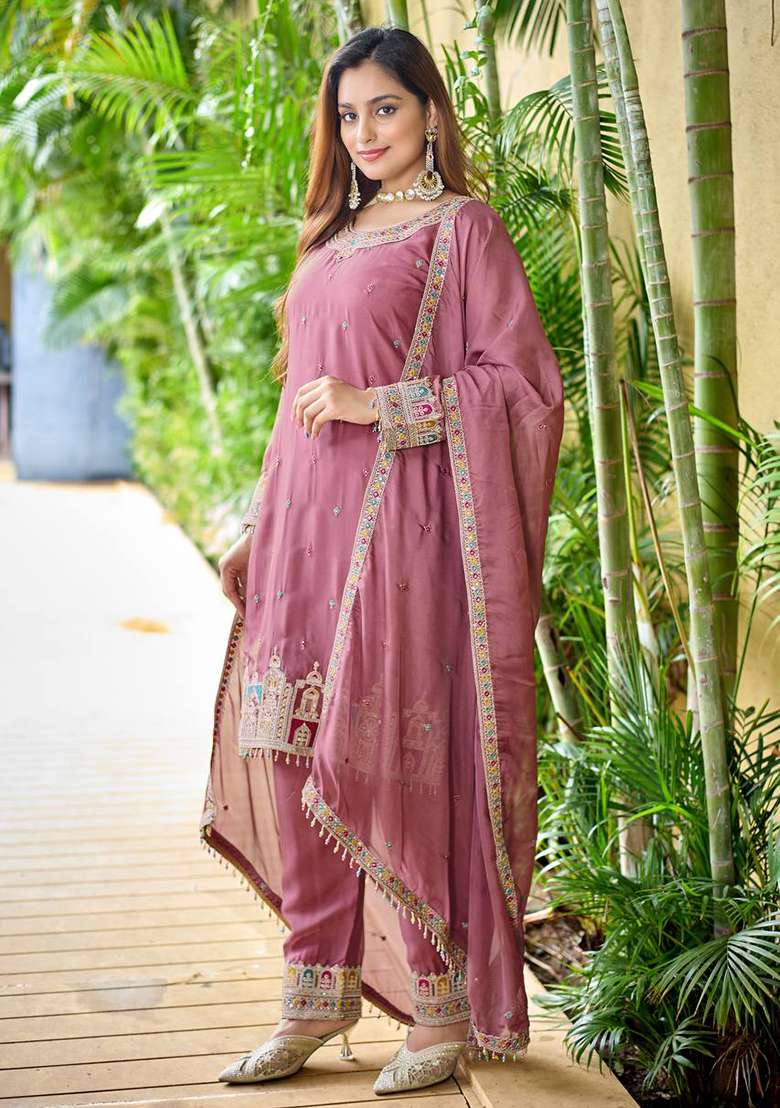 Pink Embroidery Silk Kurta Set - Indya