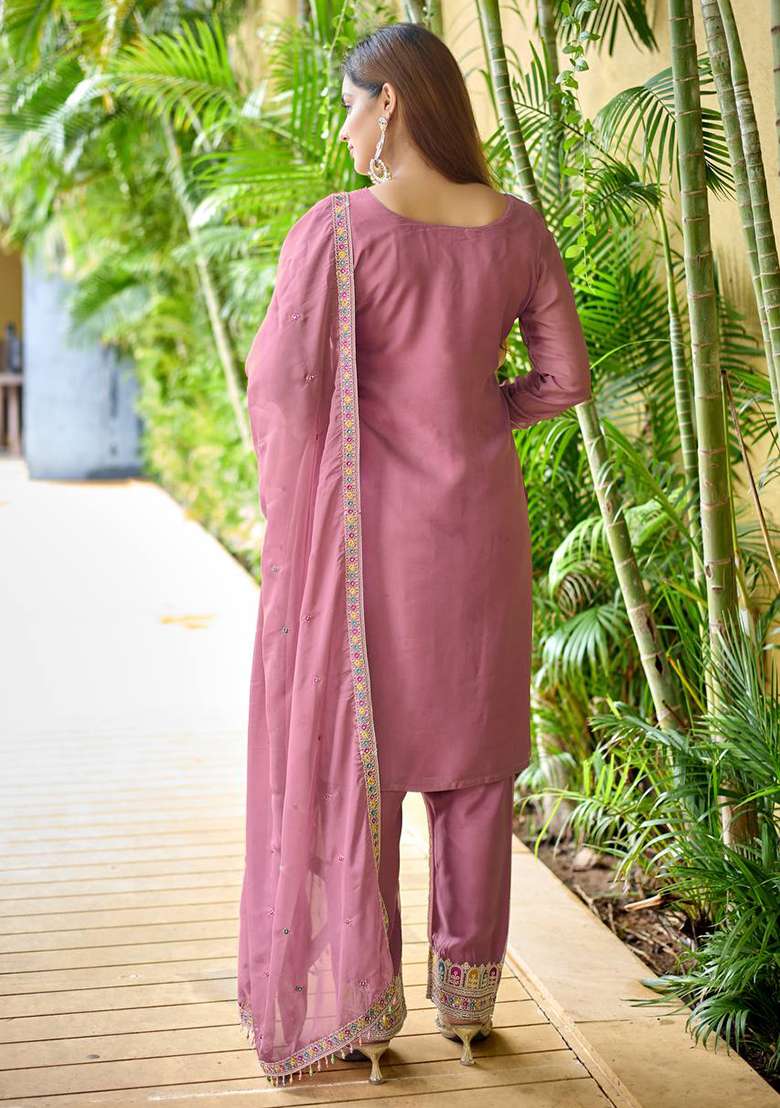 Pink Embroidery Silk Kurta Set - Indya