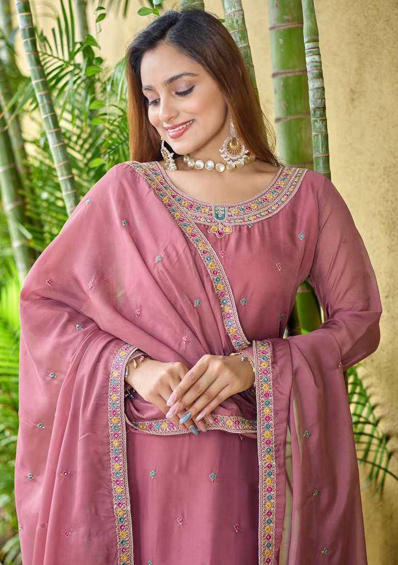 Pink Embroidery Silk Kurta Set - Indya