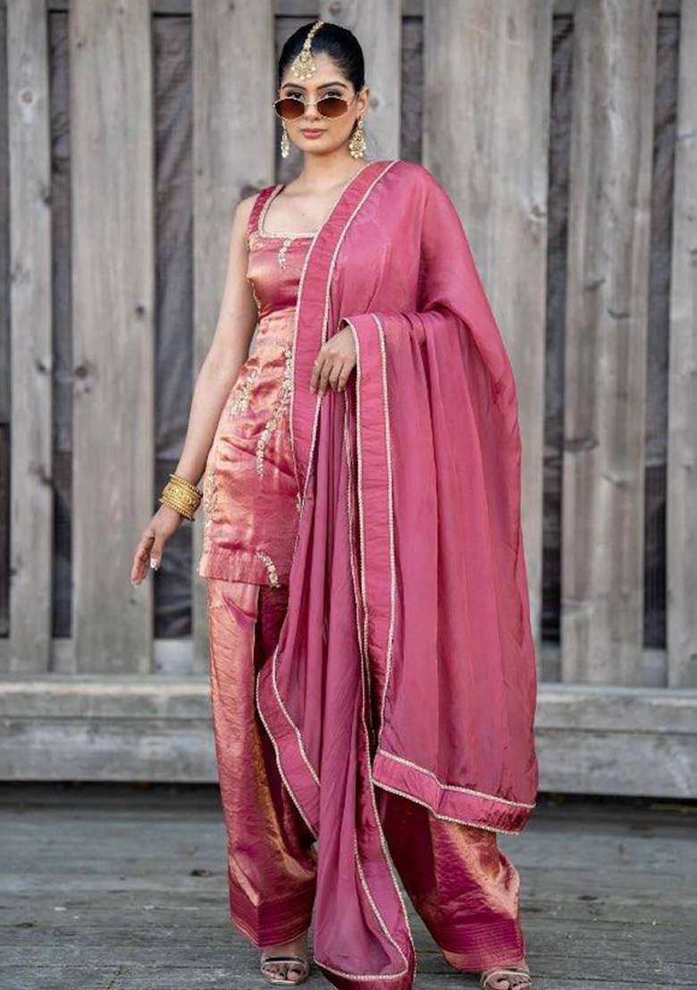 Pink Embroidery Silk Kurta Set - Indya