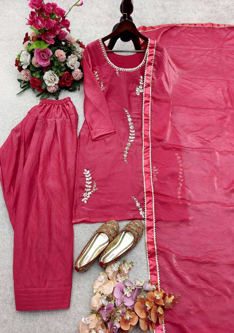 Pink Embroidery Silk Kurta Set - Indya