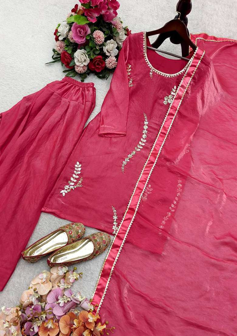 Pink Embroidery Silk Kurta Set - Indya