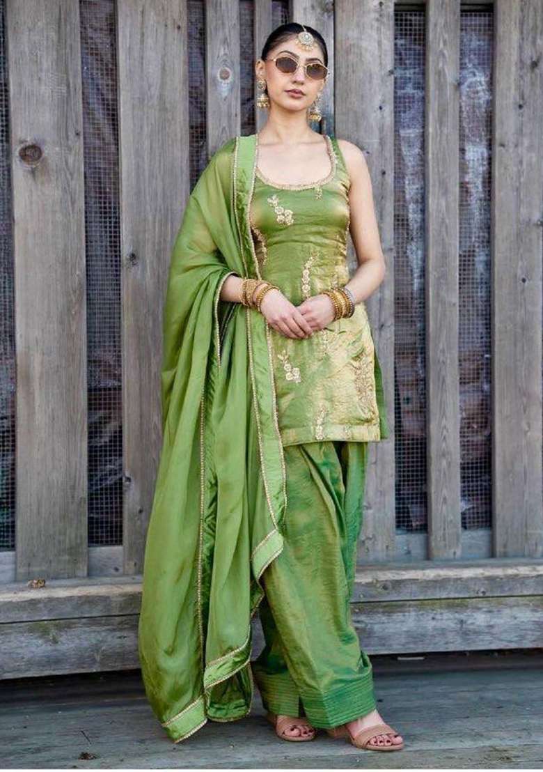 Green Embroidery Silk Kurta Set - Indya