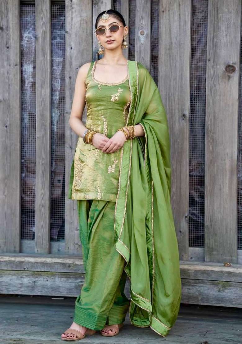 Green Embroidery Silk Kurta Set - Indya