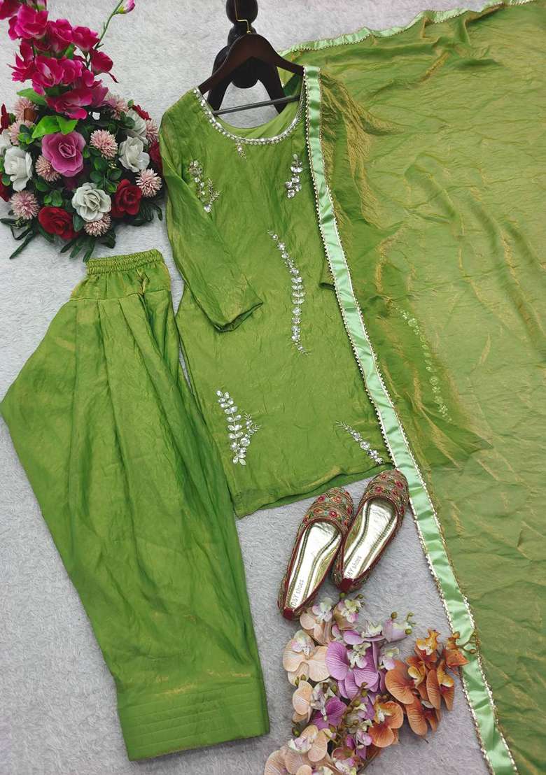 Green Embroidery Silk Kurta Set - Indya