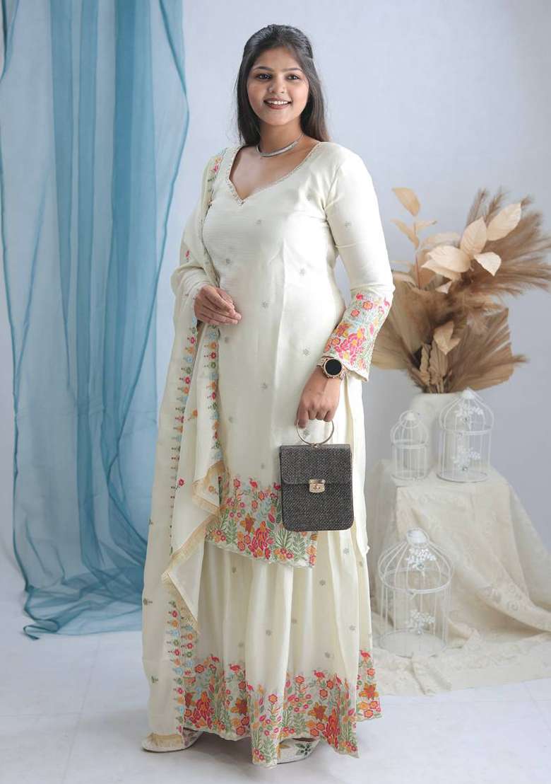White Embroidery Chinon Kurta Set - Indya