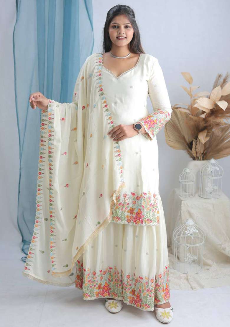 White Embroidery Chinon Kurta Set - Indya