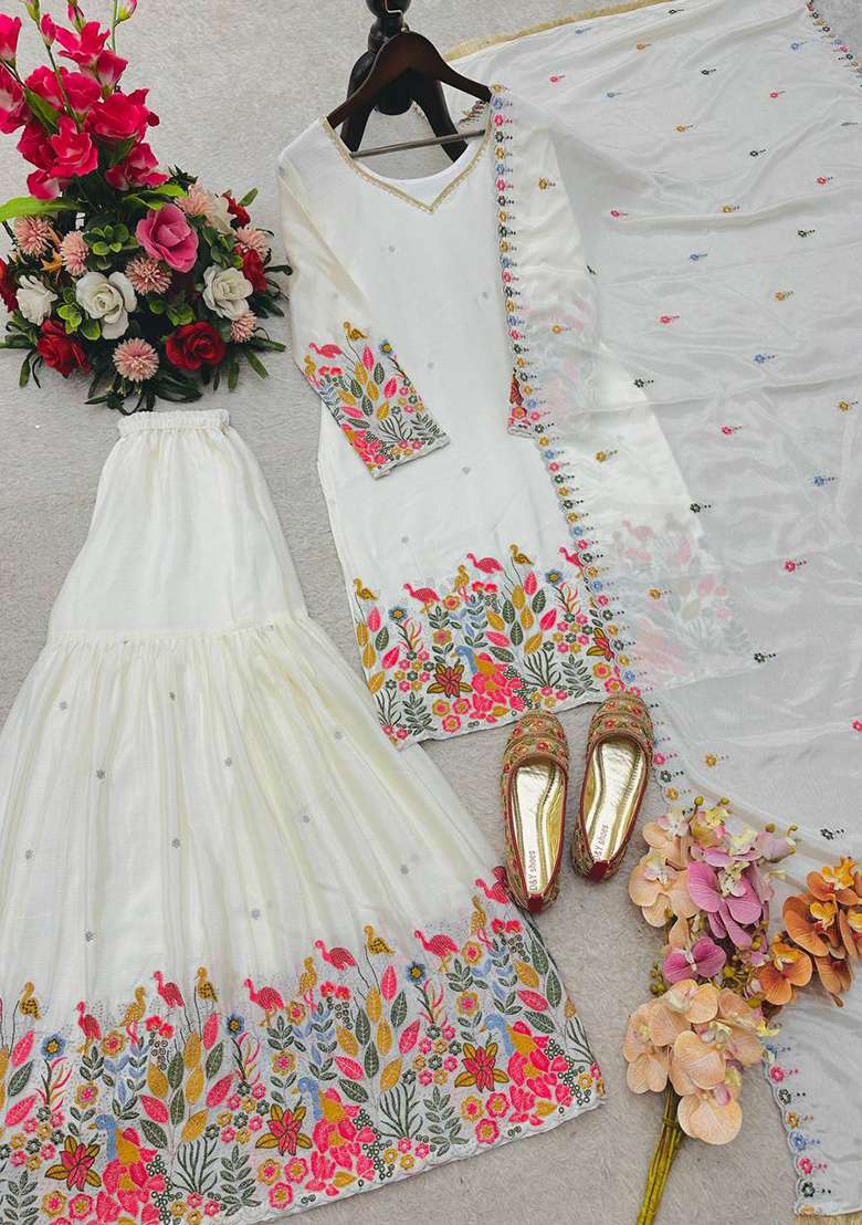 White Embroidery Chinon Kurta Set - Indya