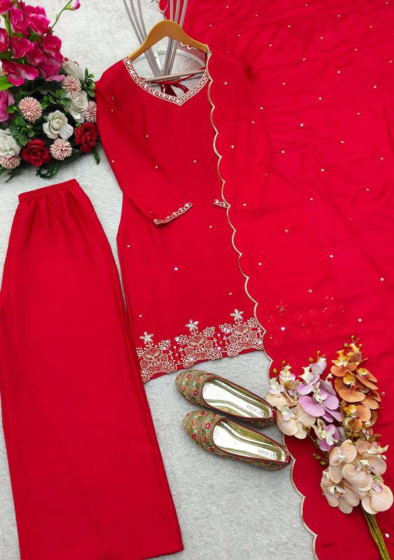 Red Embroidery Chinon Kurta Set - Indya