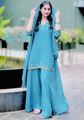Blue Embroidery Georgette Kurta Set