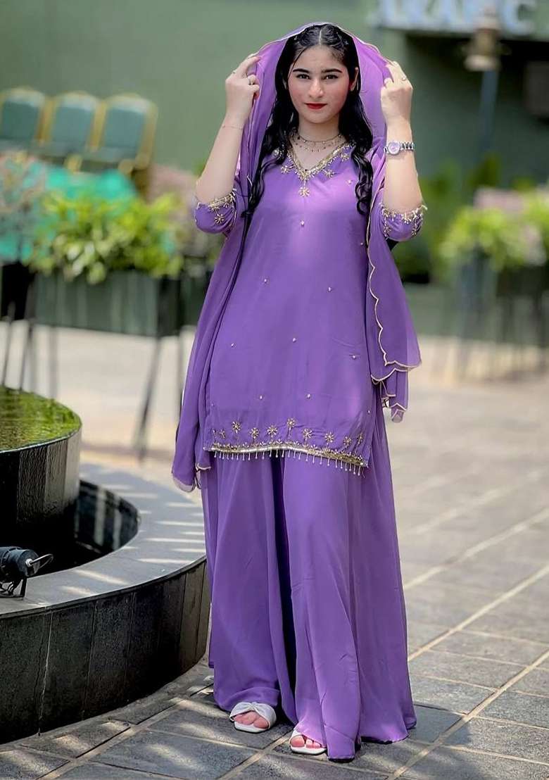 Lavender Embroidery Georgette Kurta Set - Indya