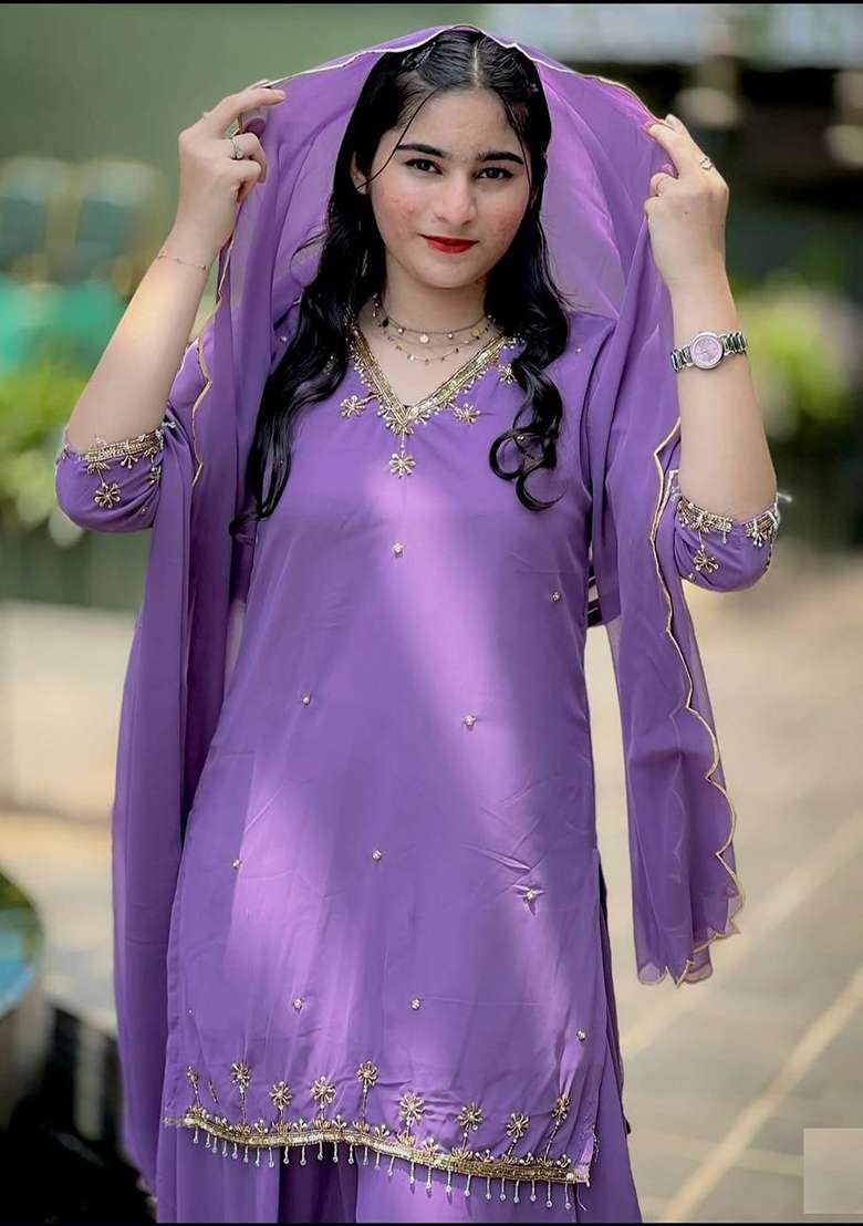 Lavender Embroidery Georgette Kurta Set - Indya