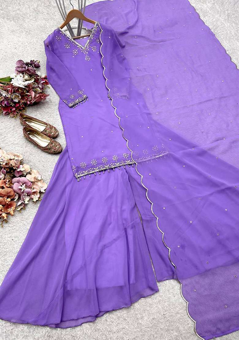 Lavender Embroidery Georgette Kurta Set - Indya