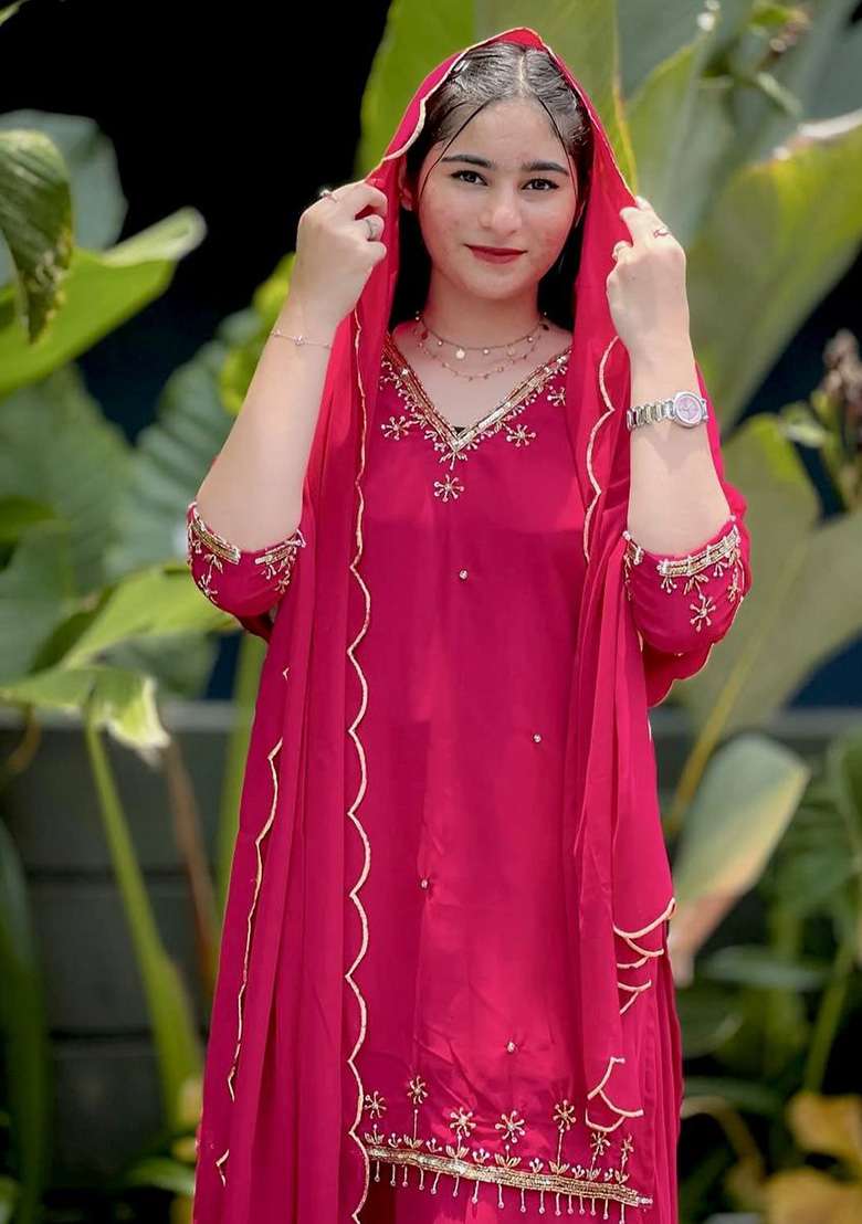 Pink Embroidery Georgette Kurta Set - Indya
