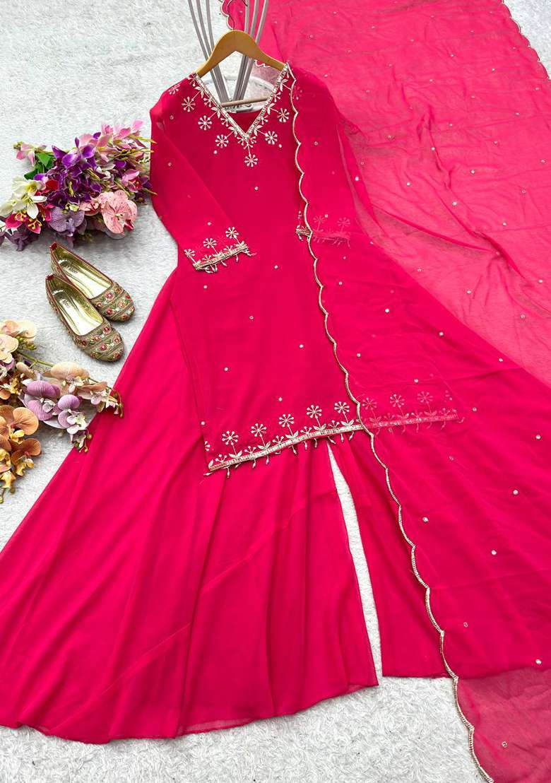 Pink Embroidery Georgette Kurta Set - Indya